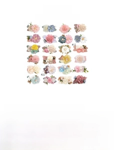 Macro view of 24 colorful artificial flower hair clips made of polyester fiber
