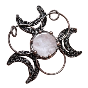 Halloween biohazard symbol pendant with rose quartz crystal and retro bronze wire wrapping