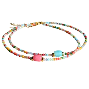 Y2K dopamine rhodochrosite beaded necklace with colorful crystals and stainless steel