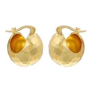 Polished gold plated hammered ball hoop earrings with textured geometric design for women