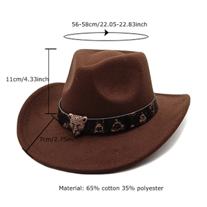 Dark brown wool western cowboy hat with leopard metal buckle and size measurements