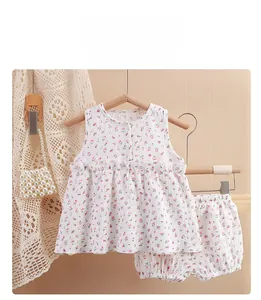Detailed texture of baby floral cotton pajamas with breathable muslin fabric and print