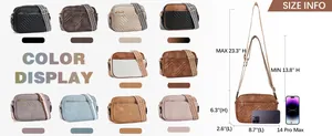 Quilted crossbody bag color chart and size chart with phone reference and strap details
