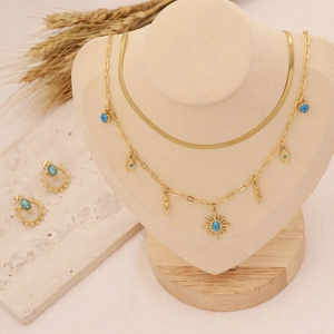 Bohemian gold plated necklace set with turquoise sun pendant and evil eye charms