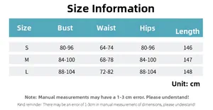 Size chart for backless satin evening dress showing measurements for S, M, and L in cm