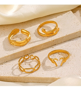 Detailed view of four piece 18K gold plated geometric ring set on textured stone