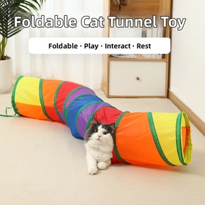 Collapsible rainbow cat tunnel toy featuring bright polyester fabric and spring structure