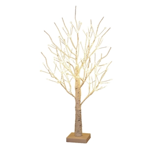 Birch tree LED decorative light with warm glowing beads on a stable white square base
