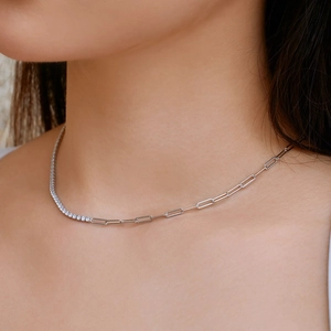 Macro view of S925 sterling silver necklace featuring tennis chain and paperclip links
