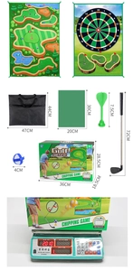 Vista detallada de los componentes del juego de golf infantil con medidas exactas