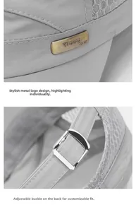 Detail view of grey sun hat showing breathable mesh side and adjustable metal buckle