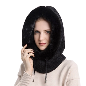 Black knit balaclava ski mask with faux fur trim and adjustable drawstring details