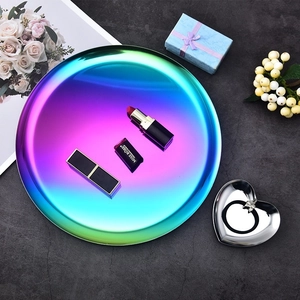 Nordic round stainless steel tray with rainbow iridescent finish for jewelry storage