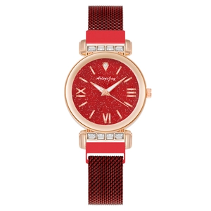 Elegant rose gold women's watch with red starry sky dial and magnetic mesh strap
