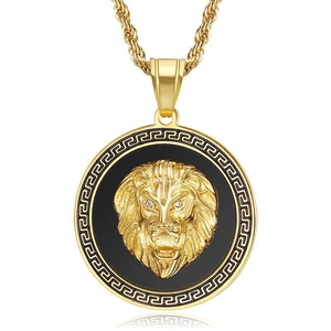 Hip Hop Lion Head Pendant Necklace Stainless Steel Gold Plated Rhinestone Greek Key Twist Rope Chain For Men