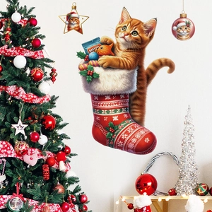 Christmas wall decal featuring a cute orange cat in a red stocking by a festive tree