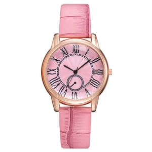 Reloj de mujer oro rosa con esfera rosa, números romanos y correa de cuero rosa liso