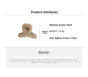 Detail showing plush khaki claw clip size 9.5cm and acrylic material specifications