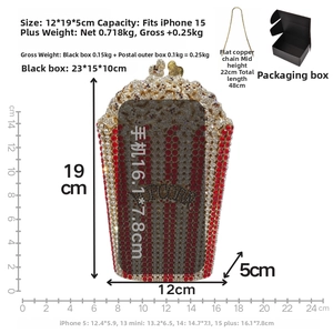 Detailed specs of popcorn crystal clutch with dimensions 12x19x5cm and chain strap