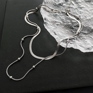 S925 silver double layer necklace featuring a flat snake chain and a dainty beaded chain