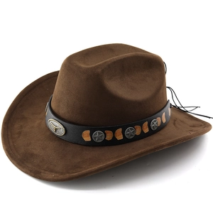 Classic brown suede cowboy hat with silver bull head and star decorative band detail