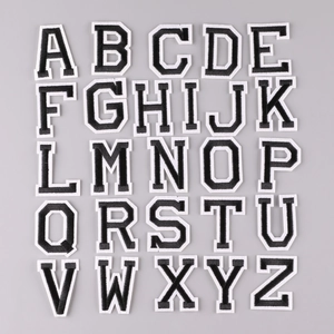 Set of 26 embroidered A-Z alphabet patches in classic black and white for school uniforms