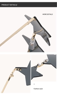 Detailed close-up of gold metal hinges and star-shaped lenses of punk sunglasses