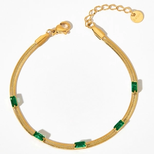Elegant gold-plated stainless steel snake chain bracelet with five green zircon stones