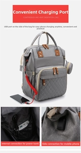 Detail view of the quilted diaper bag with built-in USB charging port and phone connection