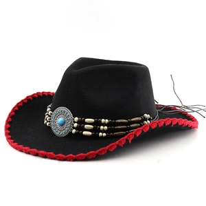 Classic black felt western cowboy hat with red stitching and turquoise bead decoration