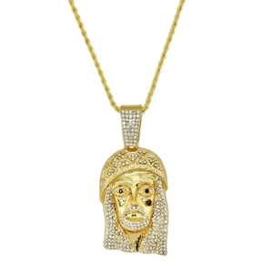 Detailed close-up of hip hop Jesus pendant with sparkling rhinestones on gold chain