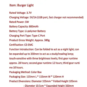 Foldable LED burger lamp with adjustable height and three-level touch dimming feature