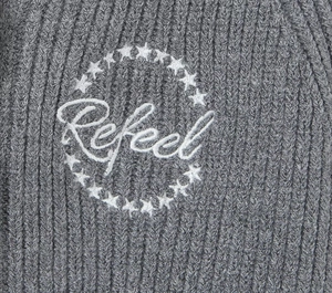 Detailed macro view of grey knit cardigan texture and white Refeel embroidery pattern