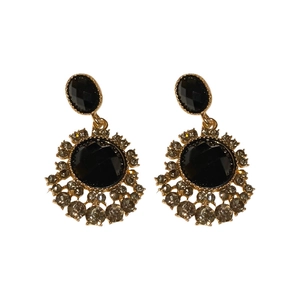 Vintage black and gold drop earrings with sparkling rhinestones and radial metal design