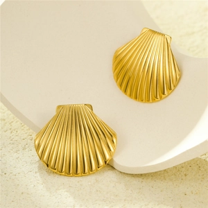Exaggerated golden fan-shaped titanium steel stud earrings with radiant stripes