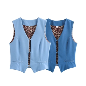 Women's V-neck vests in light and dark blue with leopard print lining and metal buckles