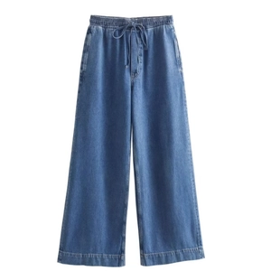 Damen Denim-Hose mit weitem Bein, blauem Jeansstoff und elastischem Kordelzug-Bund
