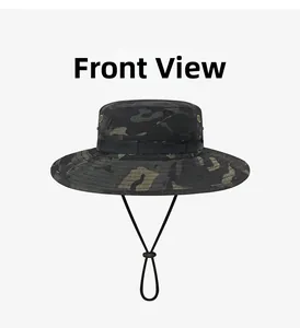 Front view of camouflage boonie hat with adjustable chin strap and breathable vents
