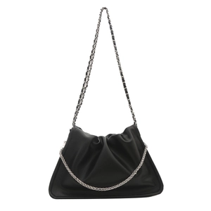 Chic black pleated cloud bag with dual silver chain straps on a crisp white backdrop