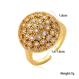 Macro detail of 18K gold plated ring with spherical pavé-set zircons and size specs