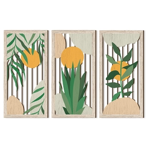 Three-piece bohemian wood wall art set featuring abstract tropical leaves and geometry