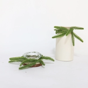 Close-up of Norfolk pine needles on a candle holder and ceramic vase centerpiece