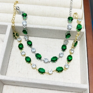 Bracelet Zirconium Vert Émeraude Blanc Ovale Cuivre Plaqué Or Bijoux Élégants Ajustables Pour Femmes