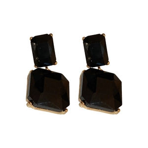 Elegant geometric black crystal drop earrings with golden settings for women