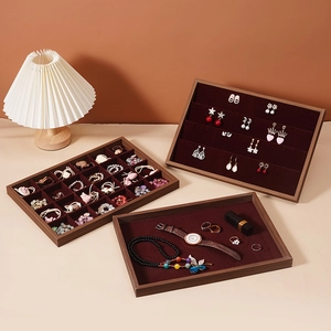 Walnut wood grain jewelry display tray set with 24-grid slots and red velvet lining