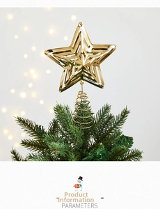Close-up of golden hollow 3D star tree topper with metal spiral base on Christmas tree