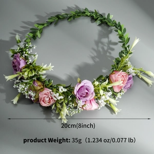 Detail of floral headpiece with pink roses and size specs 20cm 35g for vacation