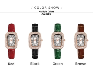 Detailed row of women's quartz watches with crocodile pattern leather straps in four colors