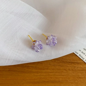 Detailed close-up of purple crystal flower studs with elegant gold base and s925 silver needles