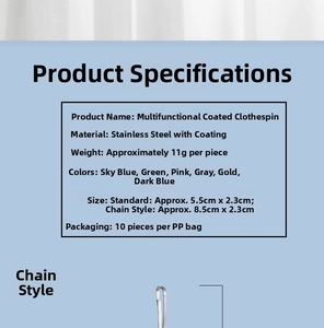 Detail of PVC coated stainless steel clothes pegs showing various colors and measurements